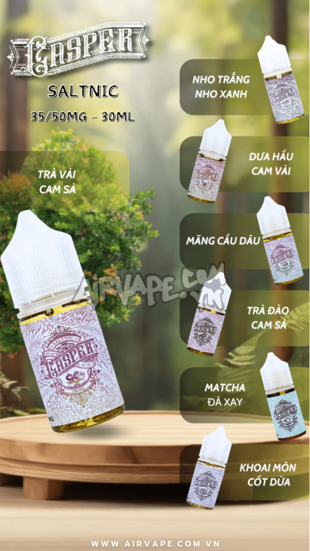 alt="Casper Saltnic Trà vải cam xả, trà đào cam xả, matcha sữa, nho trắng nho xanh, khoai môn cốt dừa, mãng cầu dâu, tinh dầu chính hãng quận 11"
